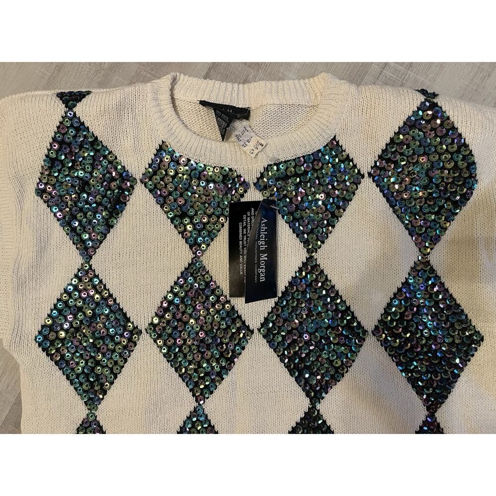 Vtg Sweater 80s Holiday Ashleigh Morgan Sequins Argyle Diamond Quiet Lux NWT L - Picture 2 of 9